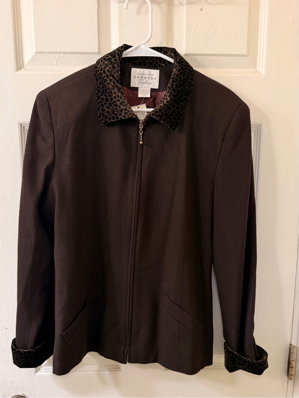 NWT Vintage Express Tailleur Brown Blazer Leopard Velvet Collar Petite 11/12